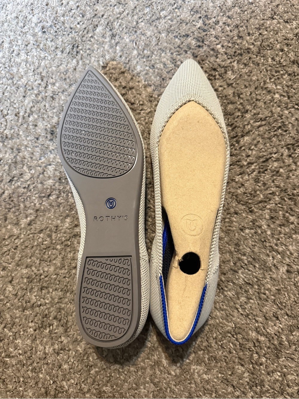 Rothy's Pointed Toe Flats in Light Gray with Blue Trim